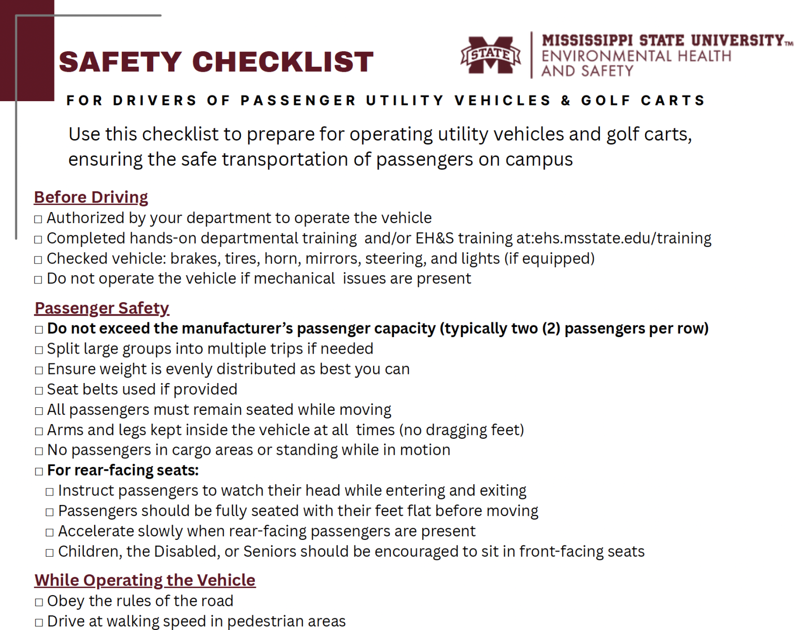 Safety Checklist for Passenger UTV (8.5 x 11 in) Screenshoot