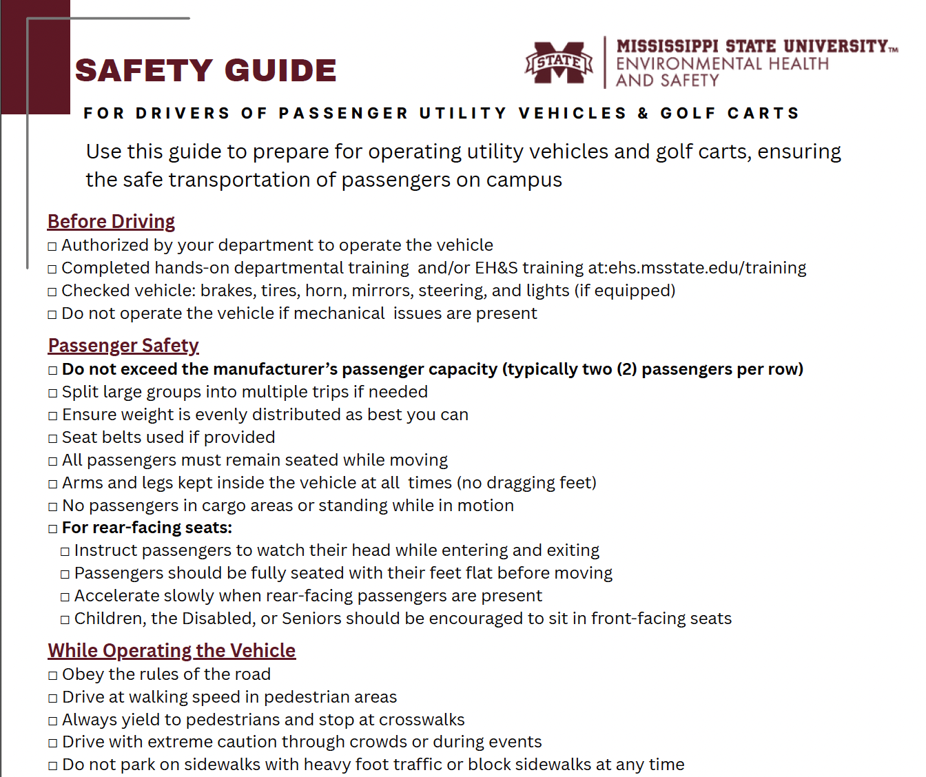 Screenshot of Safety Guide for Drivers of Passanger Utility Vehicles & Golf Carts